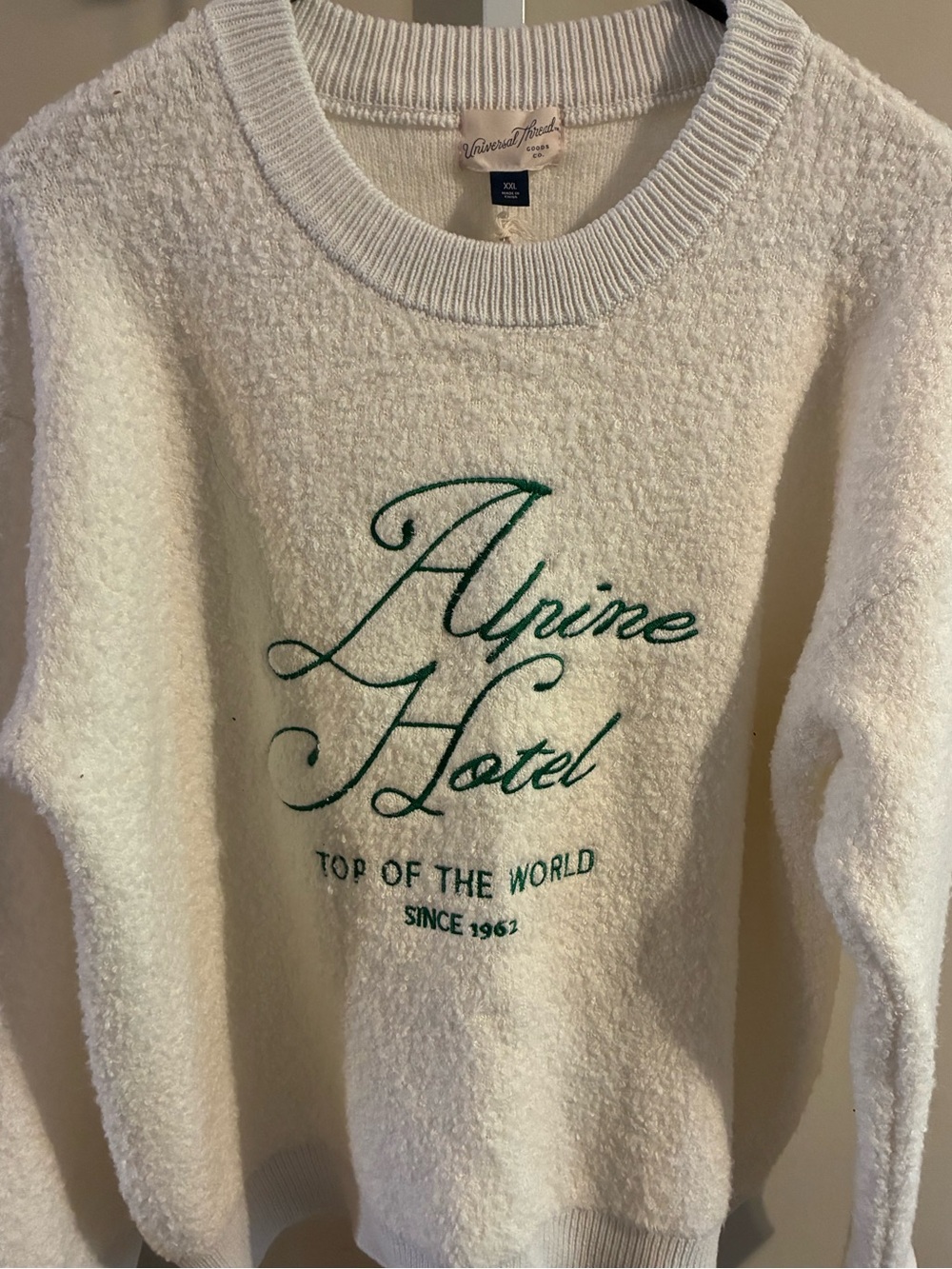 Universal Thread Cream Crewneck Sweater with Green Script